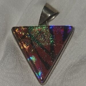 Beautiful Unique Artisan Made Multicolor Dichroic Triangle Pendant 925 Sterling